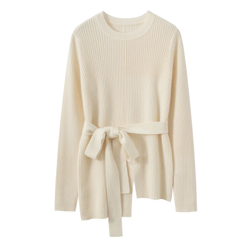 2025 Winter Goat Cashmere Sweater for Women Fashion Irregular Lace-up Belt Casual O-neck Female Solid Knitted Wool Sweater Tops
