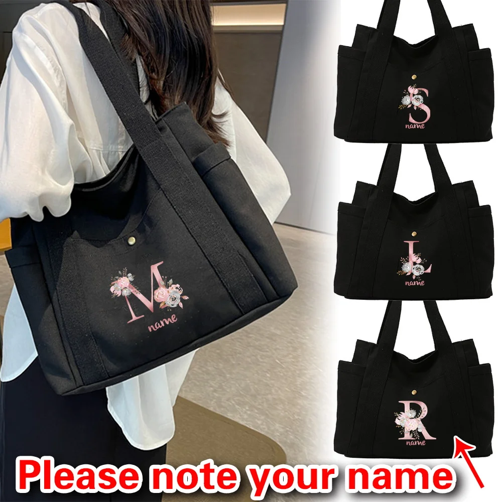 

Customized Pink Letter Printed Women's Black Canvas Shoulder Bag Fashion Shopping Bag Travel Work Commuter Storage Bag