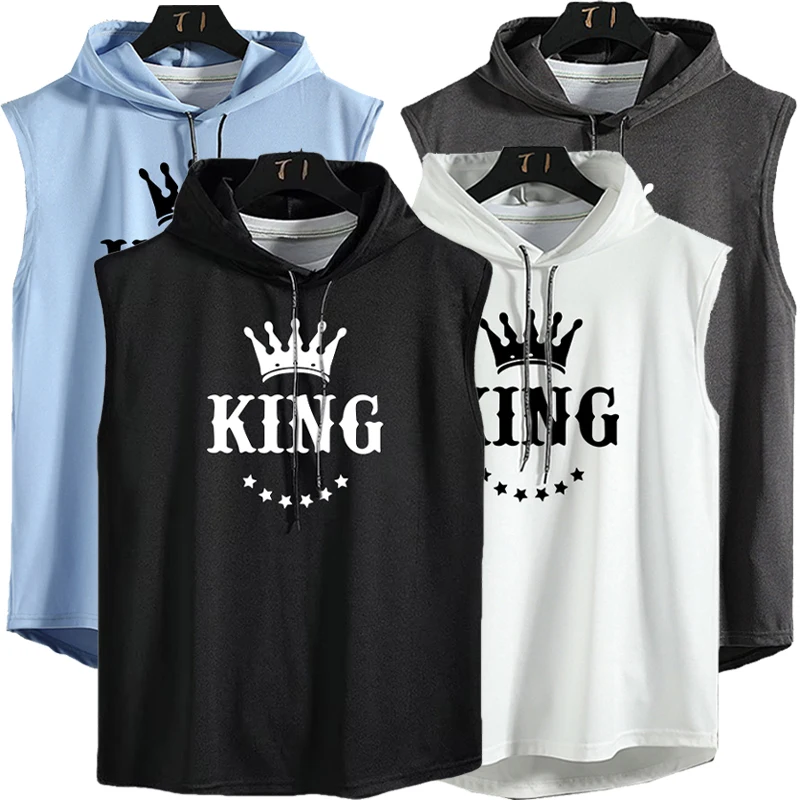 

New Fashion King Print Sleeveless Hoodies Shirts Tank Top Men Fitness Shirt Mens Bodybuilding Workout Gym Vests