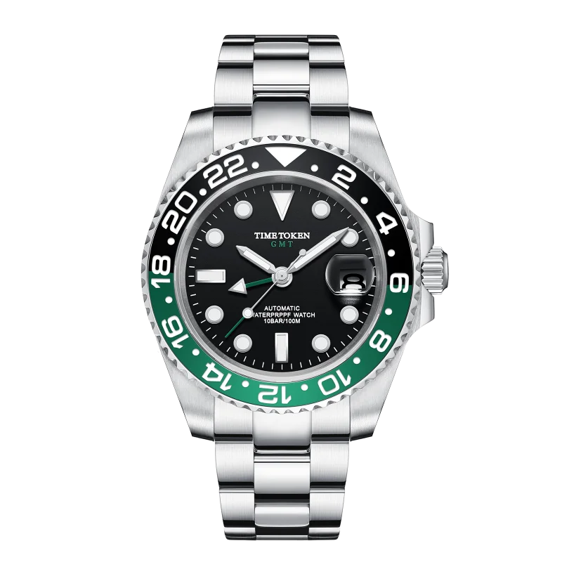 

TIME TOKEN Mens Luxury Mechanical Watch Automatic GMT 10bar Waterproof Sapphire Glass New Design with Ceramic Bezel