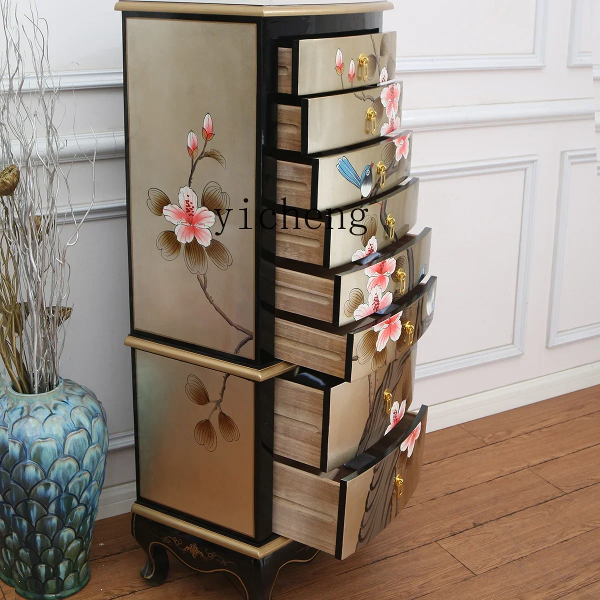 v9.4-New Chinese Style Solid Wood Painted Large Capacity Eight Spares Cabinet Living Room Sofa Side Cabinet