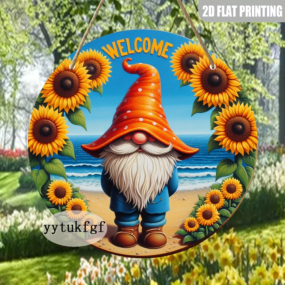Beach Gnome Sunflower Round Welcome Sign Front Door Hanging Decor,Summer Ocean Seaside Gnome Circular Door Hanger Farmhouse Wall Ornament