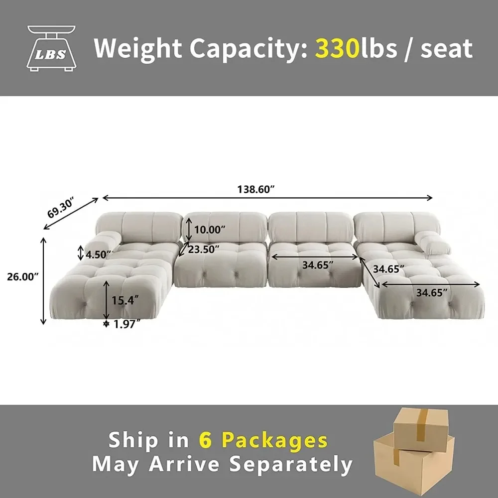 Modular Sectional Couch, U-Shaped Minimalist Velvet Sofas with Chaise Ottomans, Convertible Modern Deep 6-Seat Sofas Furniture