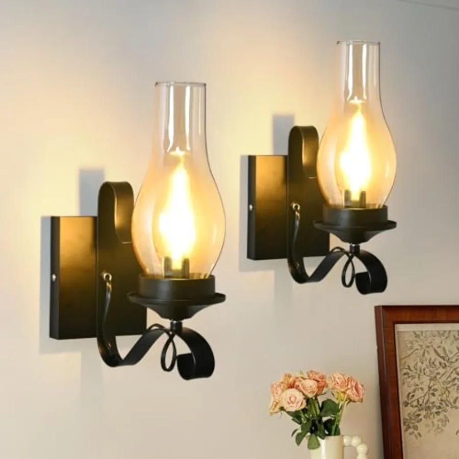 

Rustic Wall Sconces Sets of 2, Black Hardwired Farmhouse Wall Sconce Indoor, Retro Wall Lamps with Amber Glass, Vintage Bedside