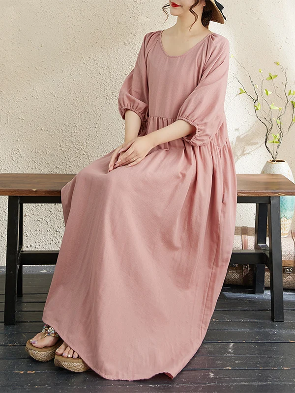 Red Double Layered Lantern Sve Loose Fit round Ne Dr Artistic Simplici Sle Casual Wear Cotton Polyester Long Dr