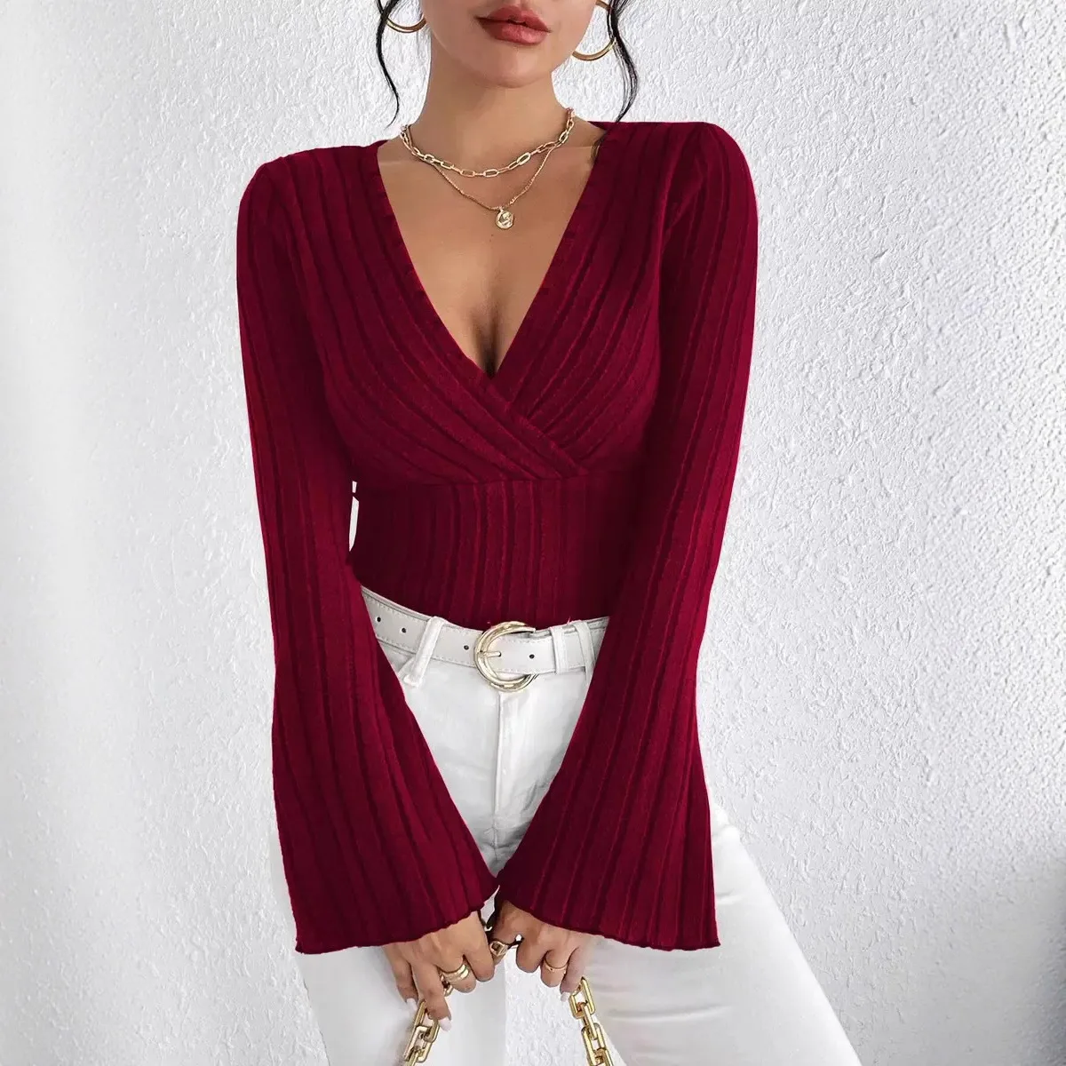 Autumn Deep V Ribbed Knit Top For Women, Slim Flare Sleeve Solid Waist Cinched Slimming T-shirt Blouse