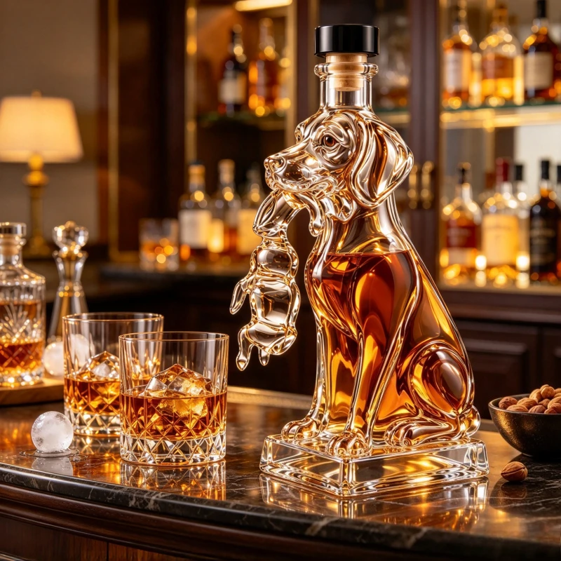 Dog Decanter Glass Whiskey Bottle, Hunting Dog Holding Rabbit Shaped Liquor Decanter, Unique Crystal Wine Carafe  Bourbon Scotch
