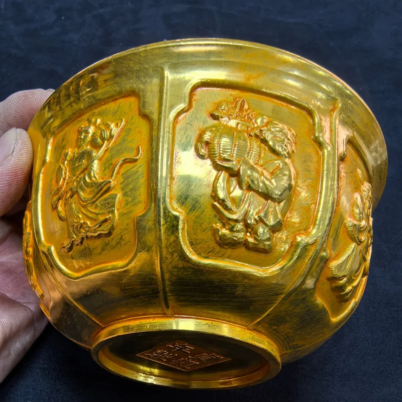 Antique Tang Dynasty Zhen Guan Year Copper Bowl Pure Copper Relief Eight Immortals Crossing the Sea Bowl Patina Old Taoist Home