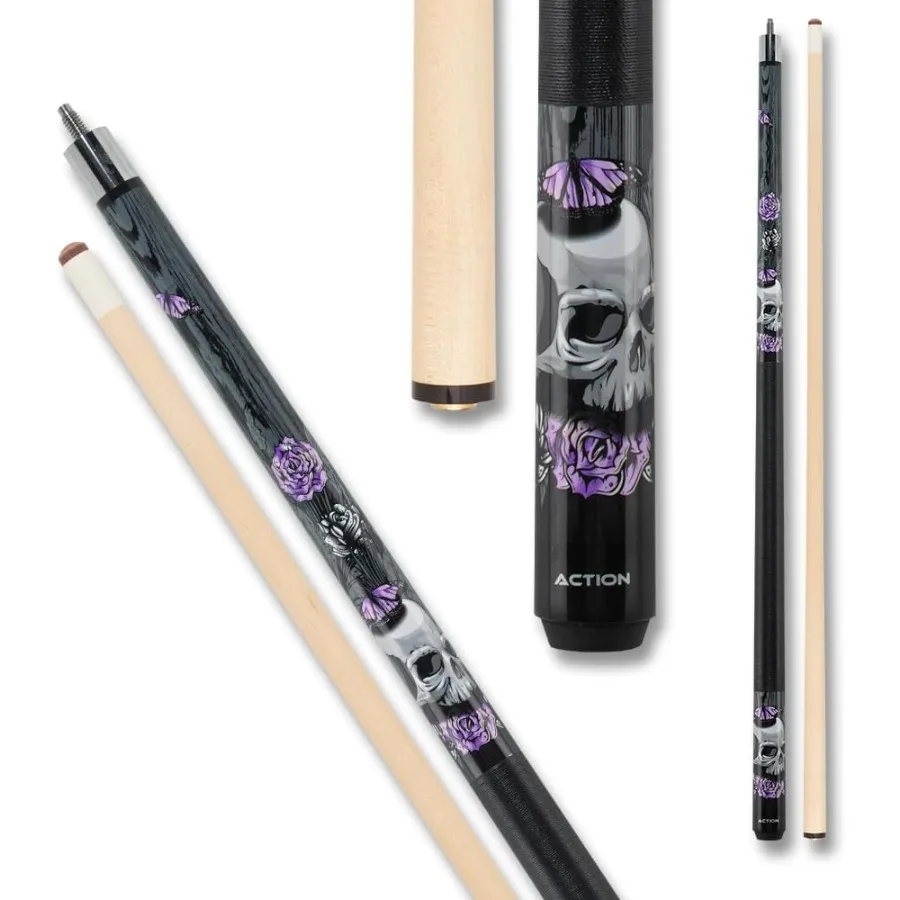 

Eight Ball Mafia EBM14 Pool Cue - Black with Grey Skulls Purple Roses and Butterflies for Indoor Bar and Home Game Room Use Pre