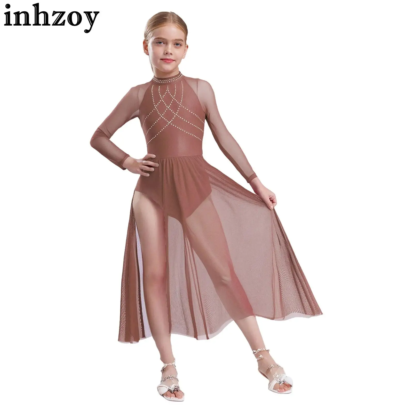 Children Girls Modern Lyrical Dance Figure Skating Gymnastics Costume Long Sleeve Shiny Rhinestones Sheer Mesh Leotard Dress