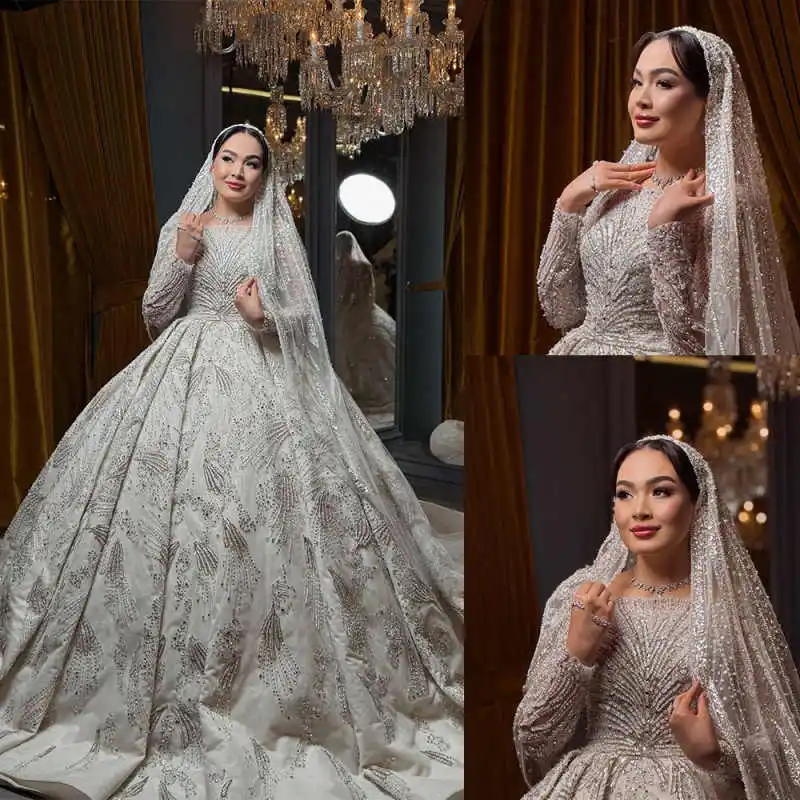 Luxurious Ball Gown Wedding Dresses Sequined Crystal Pearls Lace Bridal Gowns Plus Size Vestidos De Novia Colour Customized