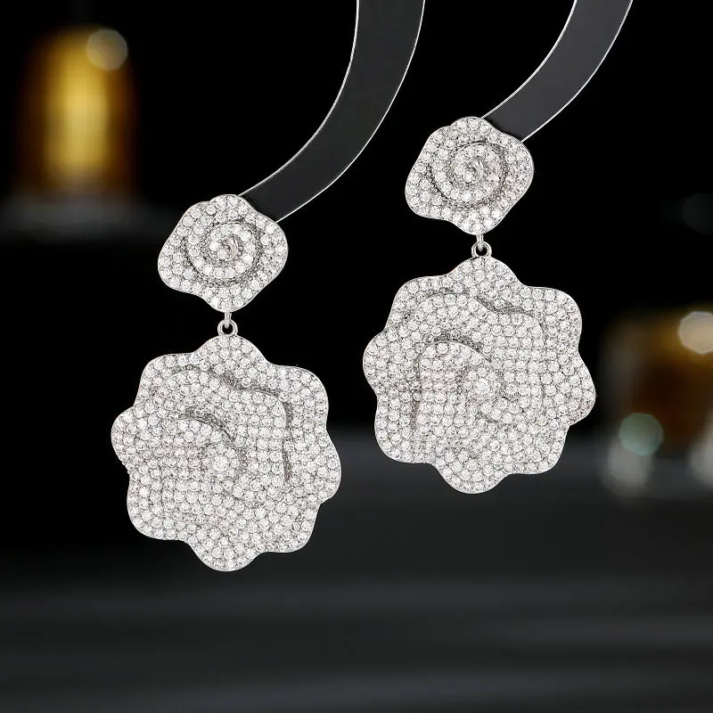 S925 Silver Needle Light Luxury High End Earrings Design Sensory Double Tone Zircon Inlaid High End Camellia Earrings