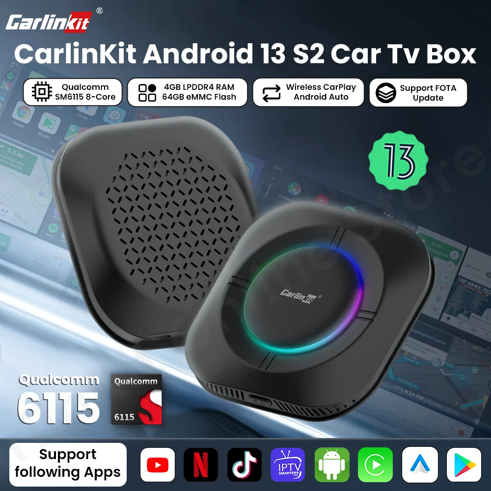 Carlinkit S2 SM6115 Android 13 Tv Box 8 Core Carplay Android auto Wireless Support Youtube Netfilx IPTV Spotify Wifi bluetooth