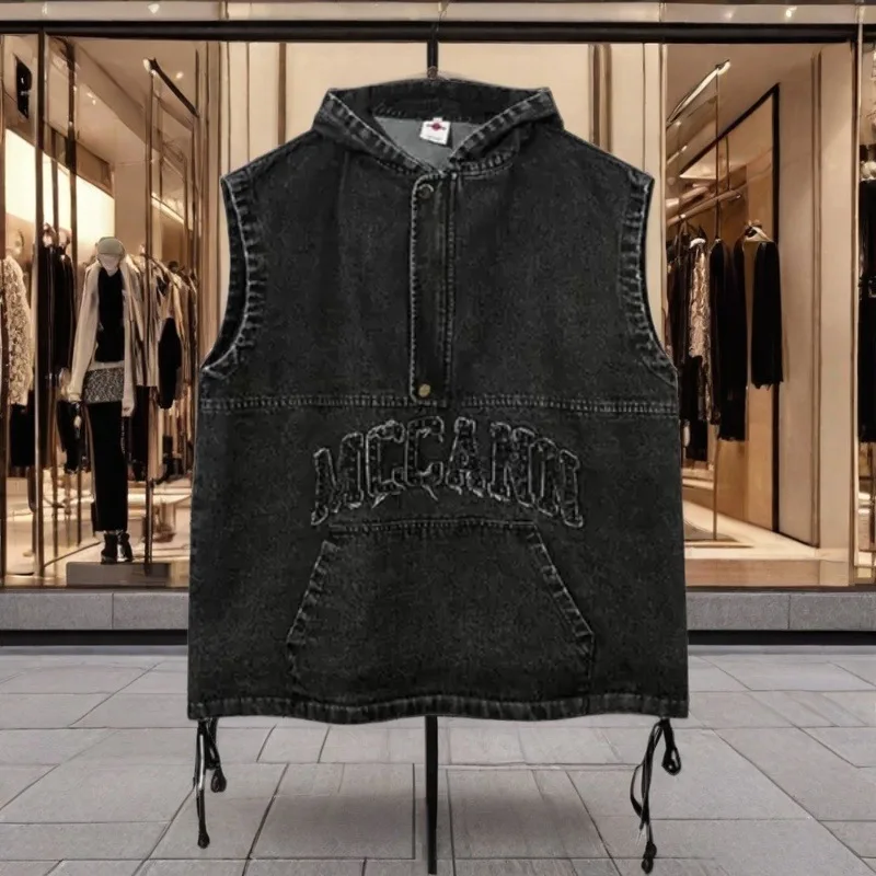 

American Retro Letter Stier Waed Hooded Vest Men's Trendy ort Sve Casual Faion Straight Leg ort Pants