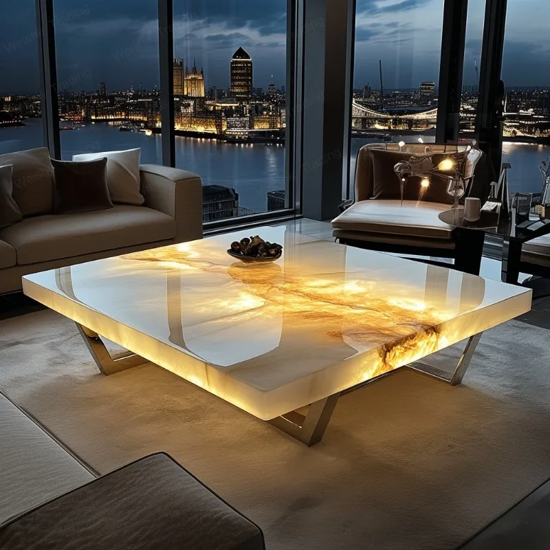 

Italian square luminous jade luxury stone coffee table advanced modern natural marble
