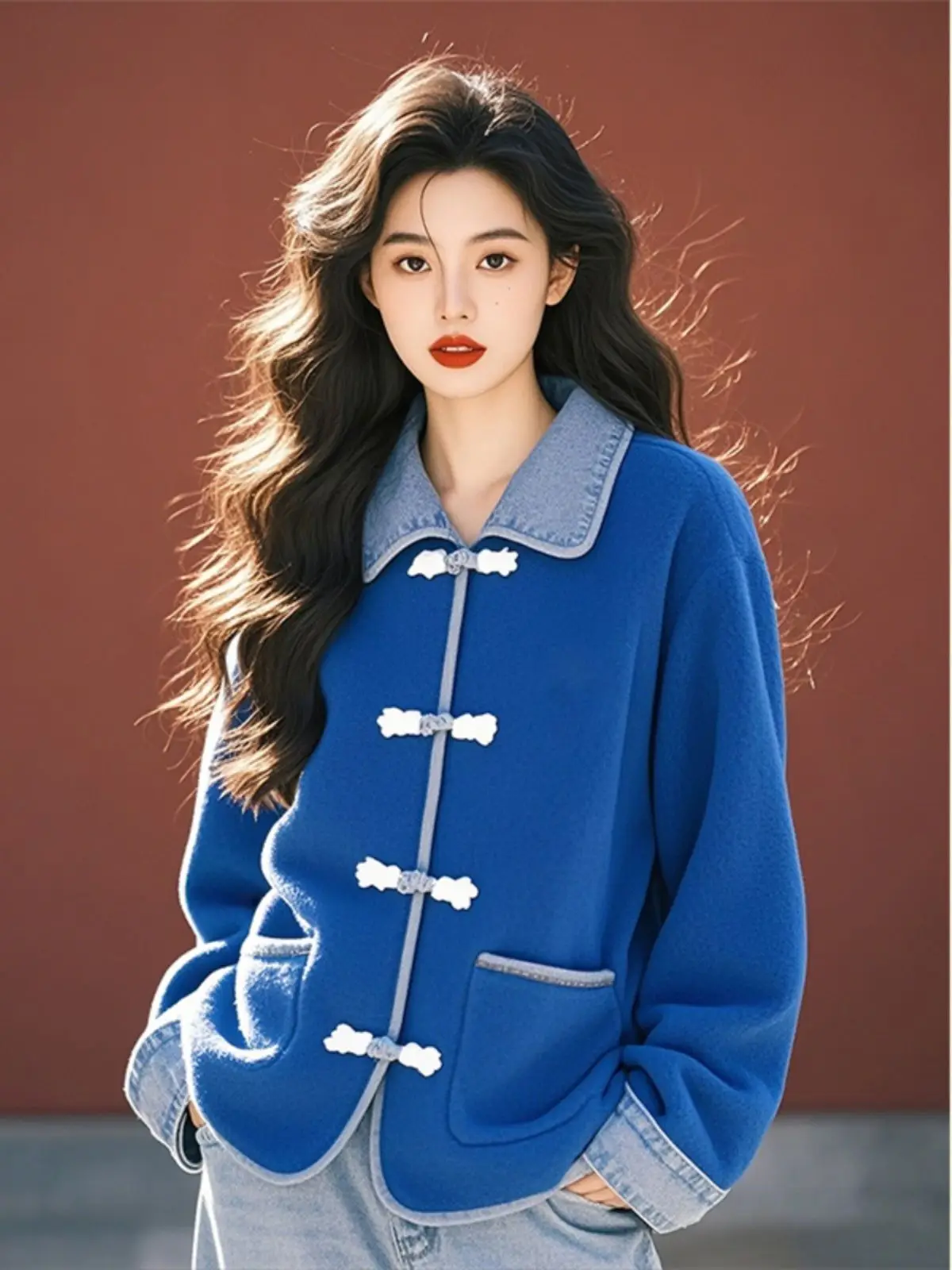 

Modern Chinese Style Buckle Blue Fleece Thick Women Coat 2025 New Denim Splicing Winter Long Sleeved Cardigan Jacket Top