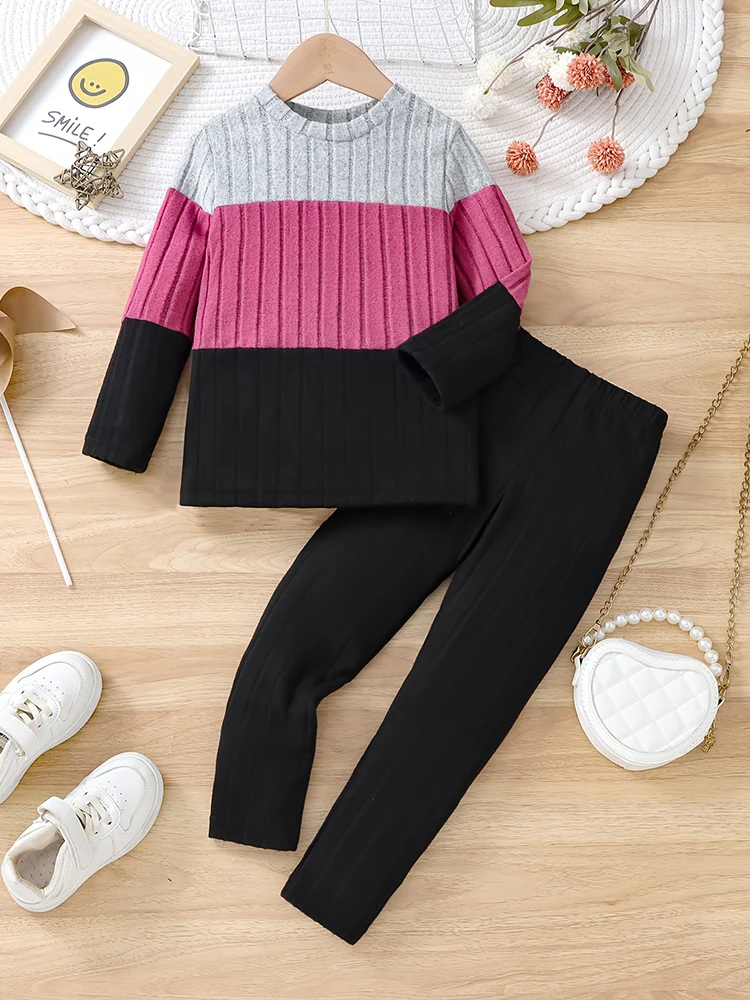 2-piece Girls\' Thin Spring and Autum Color-blocked Long-sleeved Round Neck Pullover, Comfortable and Soft Pants Set