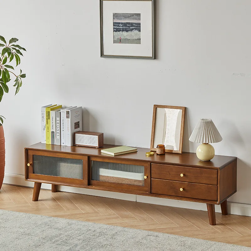 Solid wood TV cabinet living room simple modern small apartment Nordic complete floor rattan weaving