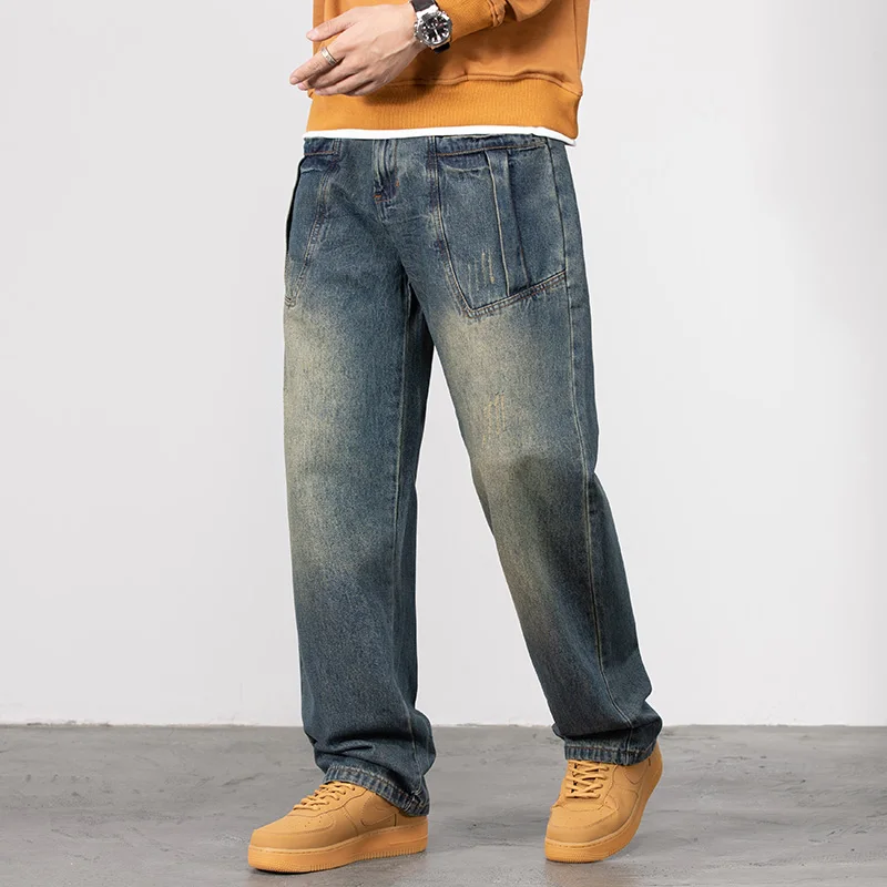 Men's multi-pocket work jeans New autumn and winter models Straight loose wide-leg fashion men's jeans Large size 29-44