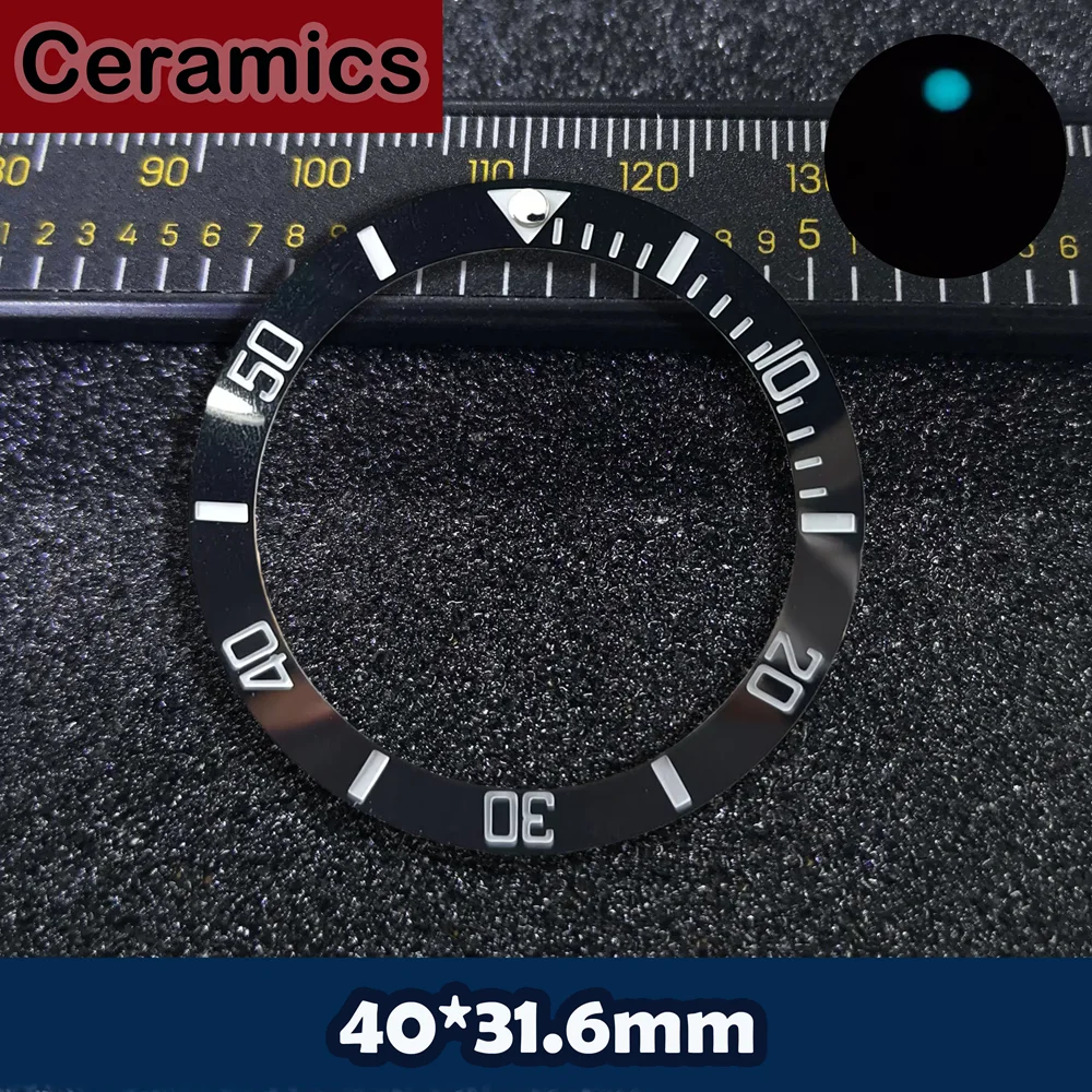 40x31.6mm Sloping Ceramic Watch Bezel Insert, Green Lume Diver Replacement Ring Mod Parts