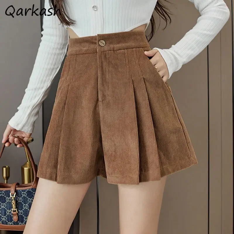 Corduroy Pleated Shorts Women Loose Winter Pure Vintage High Waist Gentle Office Lady Korean Style Sweet Harajuku Designed Chic