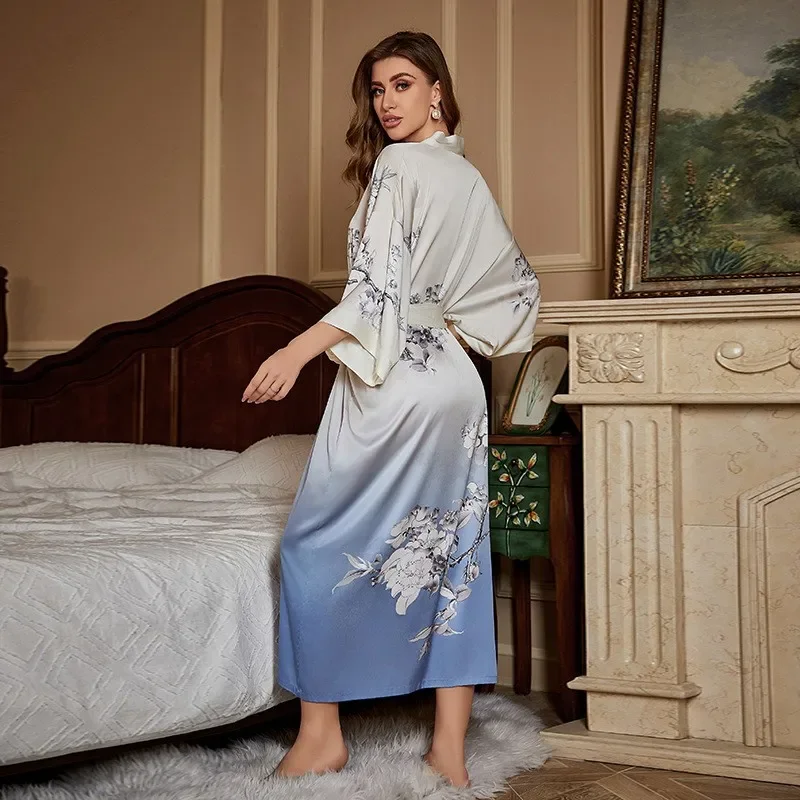 Large Size Bathrobe Kimono Print Women Bath Robe Nightgown Spring Summer Silky Satin Sleepwear Casual Dressing Gown Nightdress