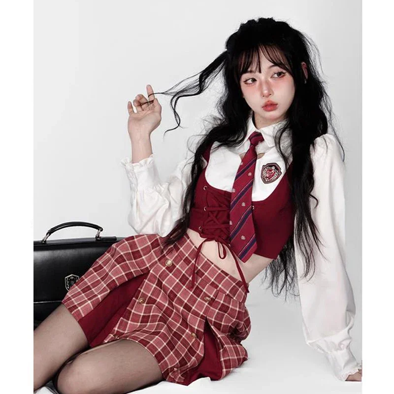 زي الطالب البريطاني للنساء، قميصين مزيف للكلية، تنورة قصيرة بطيات Jk، مجموعات تنورة قصيرة مثيرة، ملابس النادي، 2025 Hot