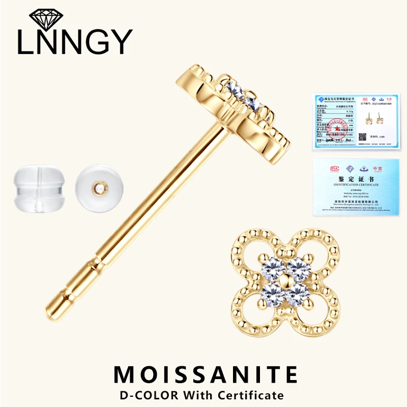 

Lnngy 10K Pure Gold Mini Small Earring Exquisite Four Leaf Flower Moissanite Earrings With Certificate For Women Daily Jewelry