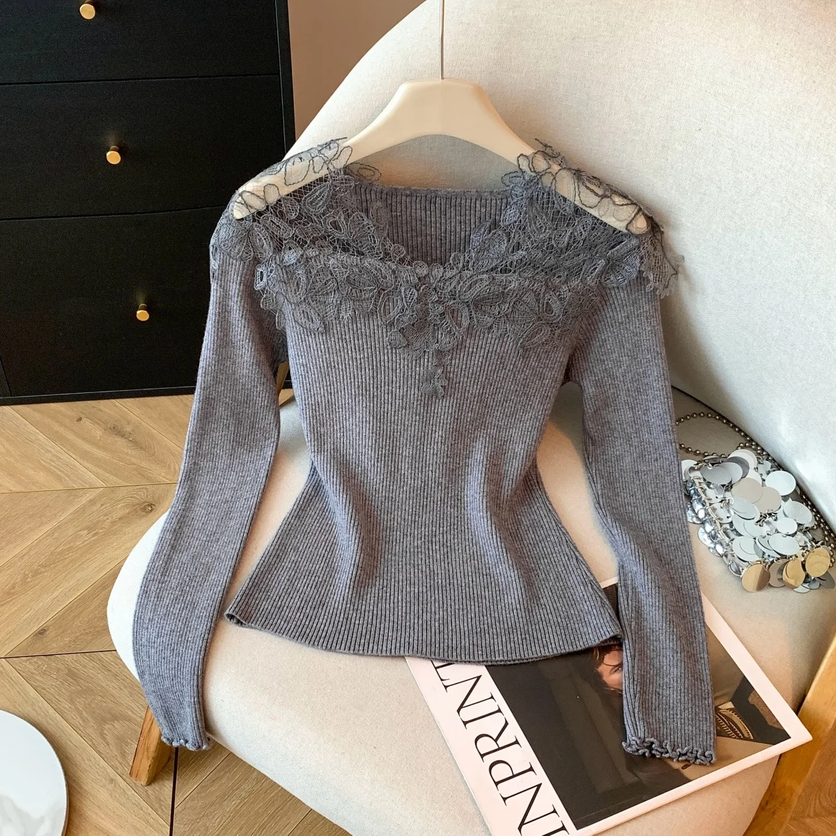 Lace Trim Knit Top - Ethereal & Slim-Fit Base Layer Sweater, Romantic Detail T-Shirt, Flattering Women's Fall Fashion Pullover