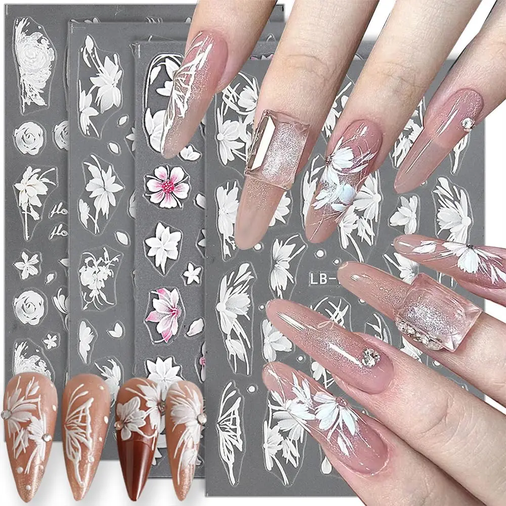 5D Embossed Flowers Nail Art Stickers Cold Floral Nail Decals White Flower Wedding Design Nail Art Supplies Manicure Decoration