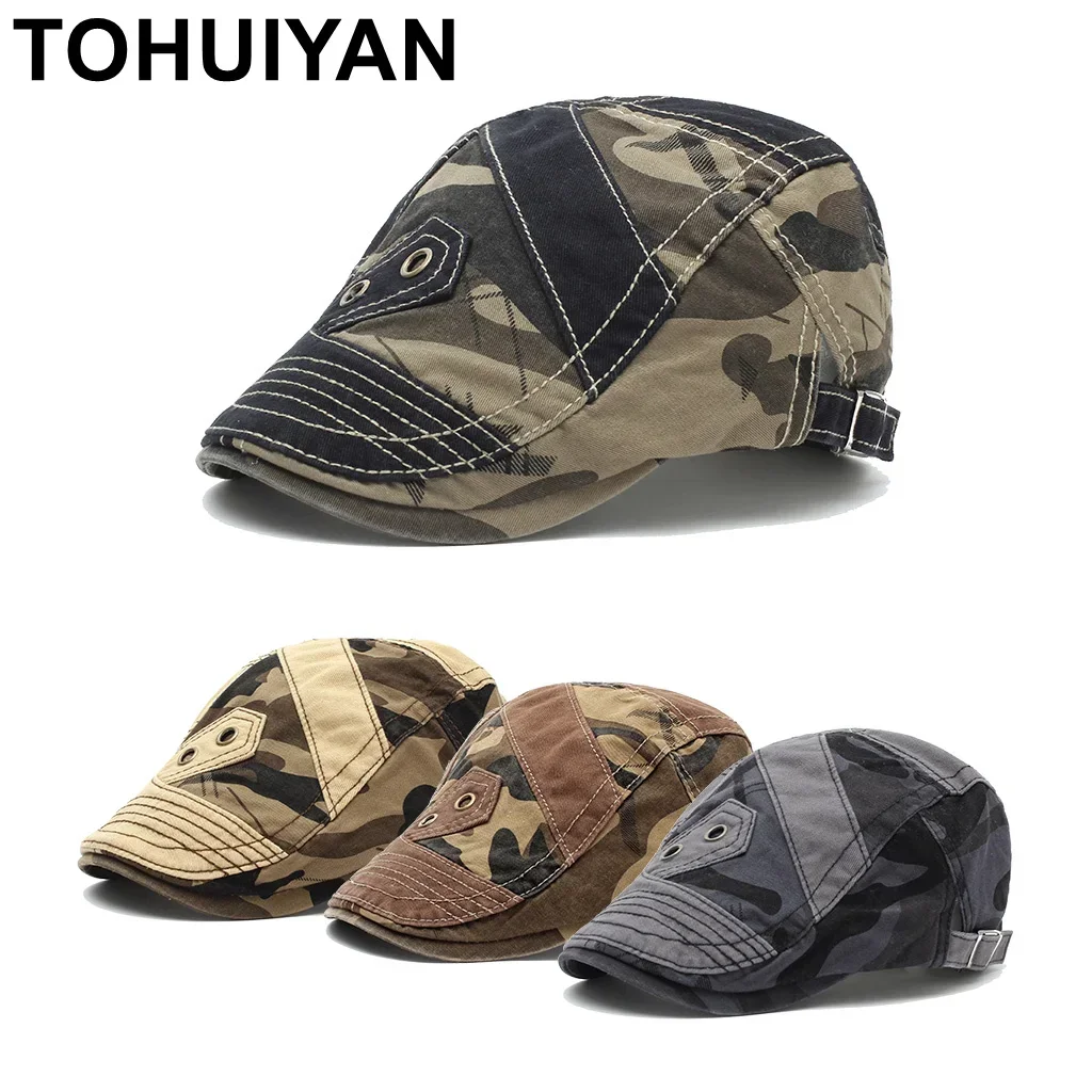 [TOHUIYAN] Retro Camo Newsboy Caps Classic Cotton Cabbie Hat Vintage Boina Flat Cap Casual Beret Hat Summer Autumn Driving Hats