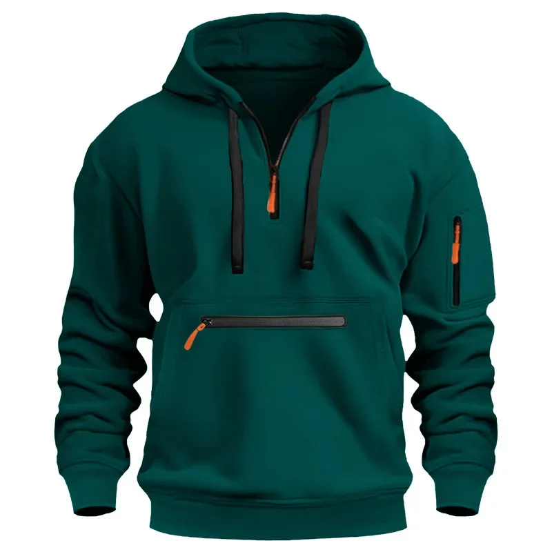 Men's Casual Sports Hoodie, Spring and Autumn Fashion Arm Pocket Pull Rope Hooded Solid Color Loose Long-sleeved Blouse Pullover