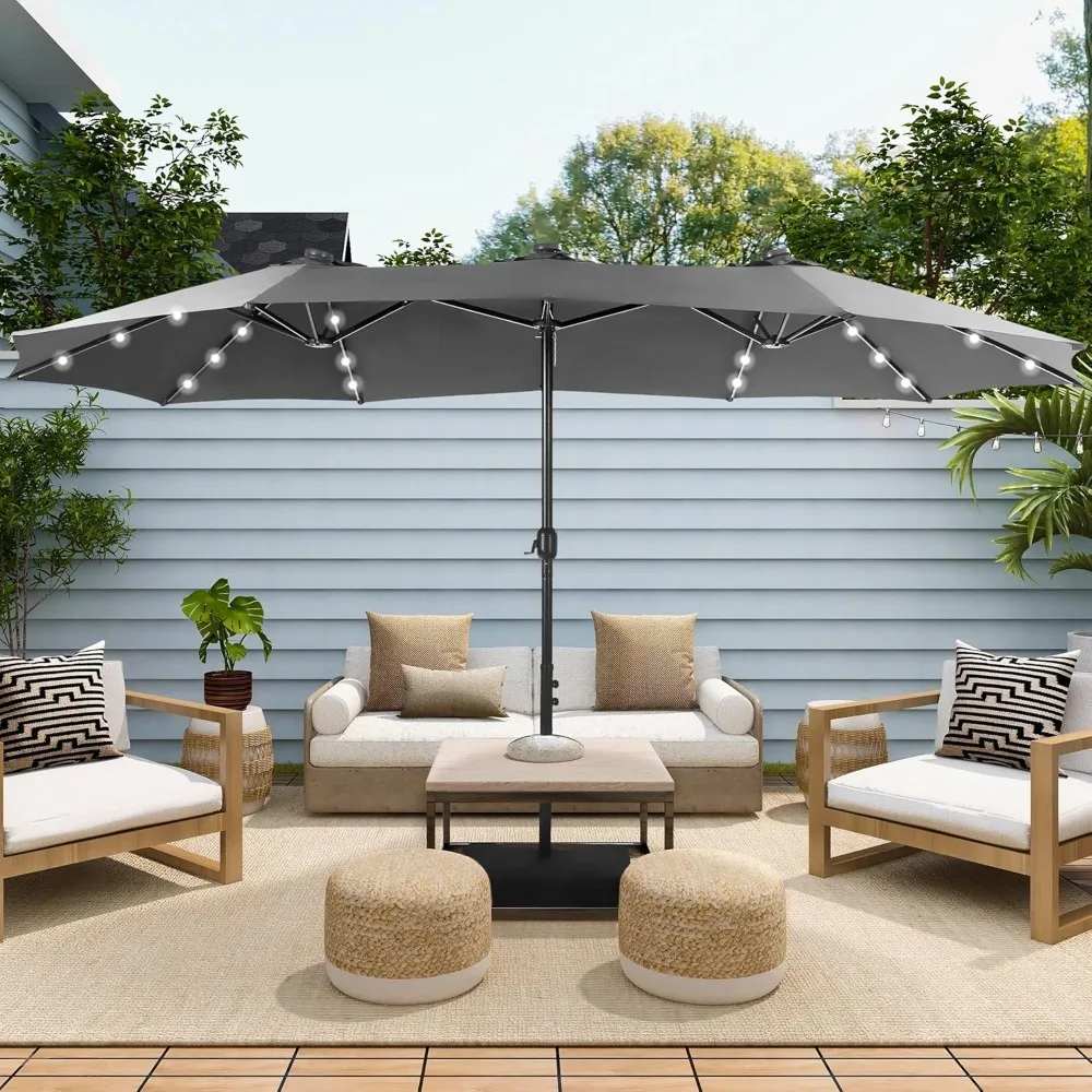 

Extra Large Patio Umbrella with Solar Lights, Rectangular Outdoor Umbrella with Base Included, Market Umb