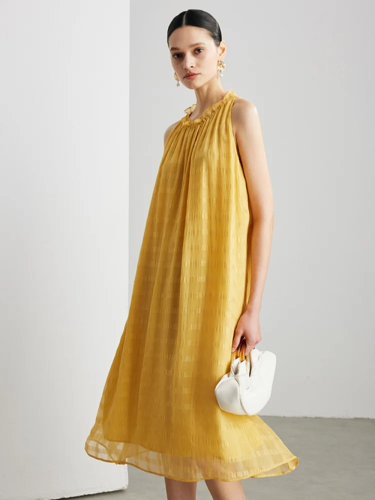 Birdtree, 100% vestido sólido de seda amoreira, camada dupla, vestido feminino solto elegante sem mangas plissado, verão 2025 novo d5d018jf