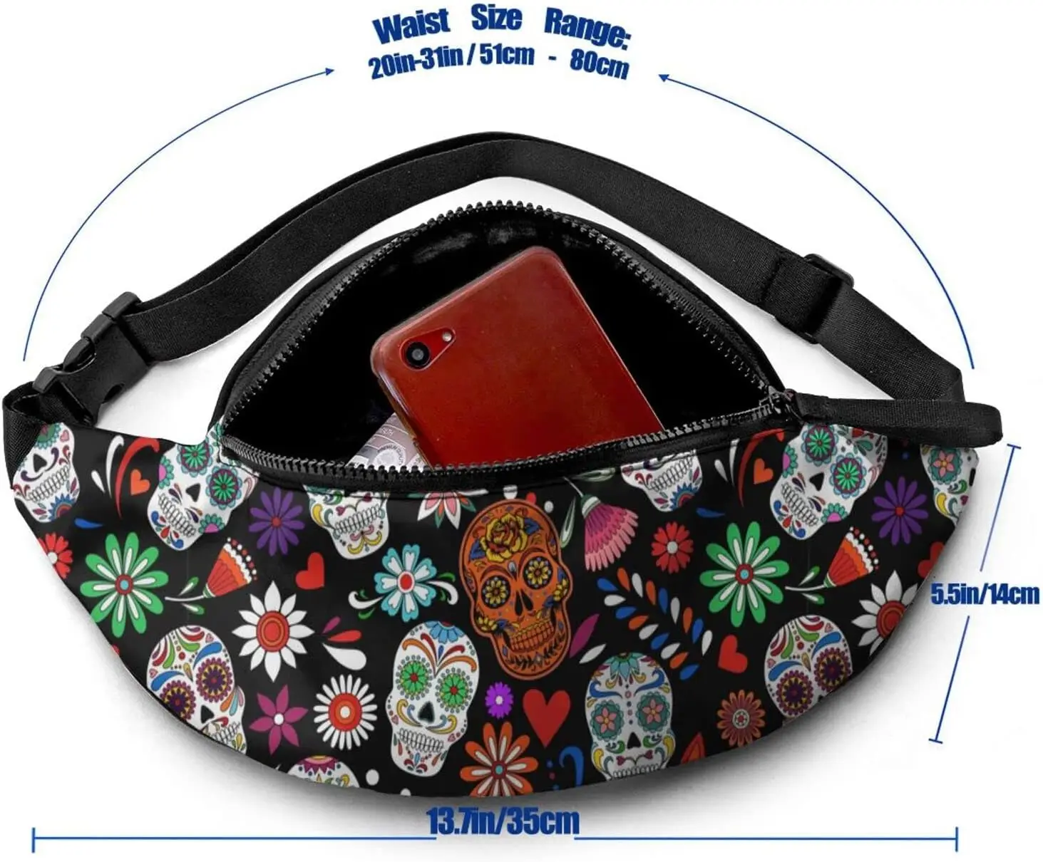 Skull Fanny Pack for Men and Women Adjustable Casual Waist Bag for Travel Party Festival Hiking Sports Hip Pack One Size