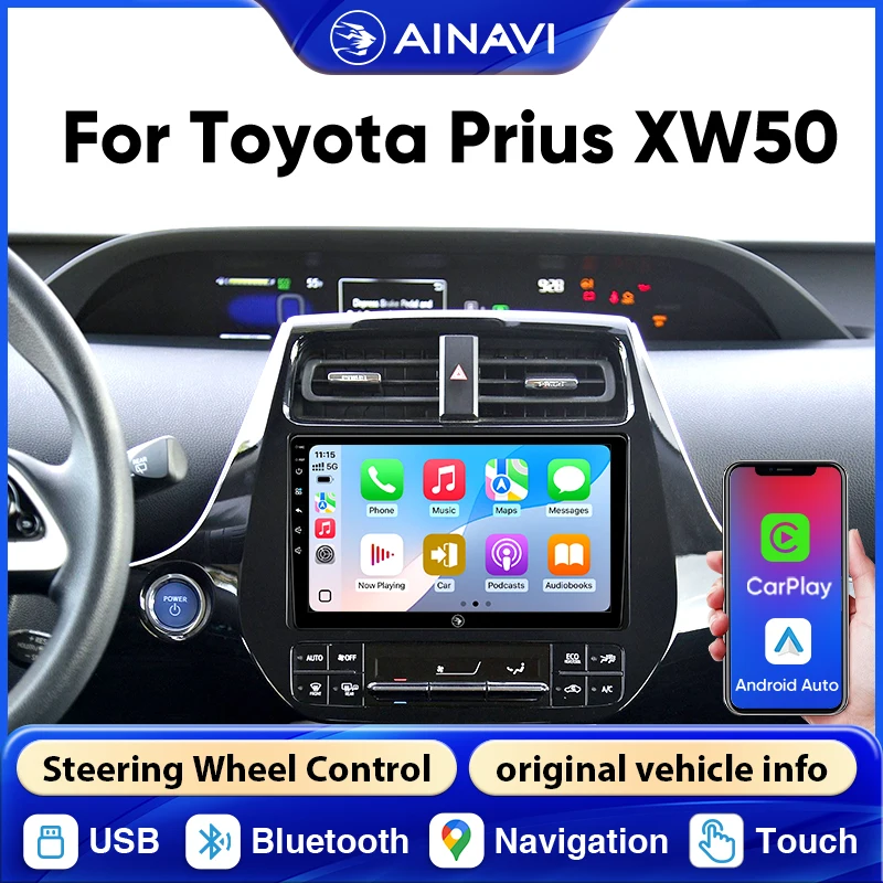 Radio para Auto AINAVI para Toyota Prius XW50 2003-2020, 2Din, Bluetooth, Carplay Inalámbrico, Android Auto, Pantalla Carplay para Auto, Radio para Coche, Estéreo para Auto, Audio para Auto, BT, USB, FM, 4G, GPS, SWC, 9 Pulgadas