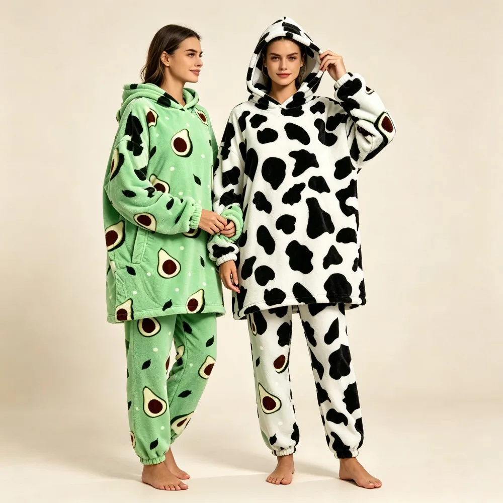 Women Thick Hoodies+Pants 2pcs Clothing Sets Men's Avocado Cow Winter Warm Loungewear Kids Pyjamas Couples Homewear Nightwear