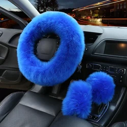 3PCS Fur Wool Steering Wheel Cover Set Winter Real Sheepskin Plush Warm Fluffy Fuzzy Car High Quality AU Wool for Women Girl