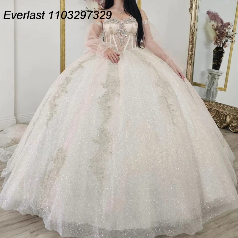 EVLAST-Vestido De Quinceañera De manga larga con purpurina, Apliques De encaje, lazo De cuentas, dulce 16, 15 años, TQD386