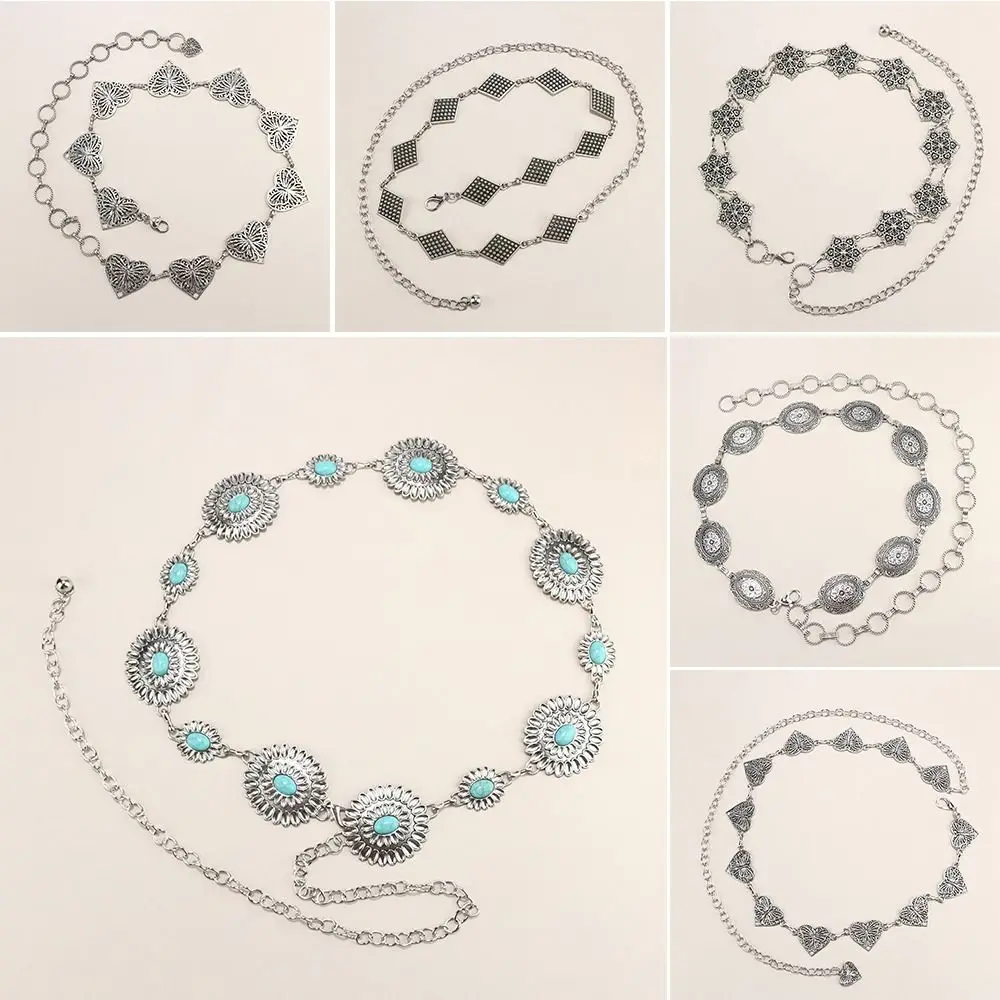 Cinturón de cadena de cintura ajustable de Metal Retro, cinturón decorado bohemio plateado, cinturones de vaquera occidental ajustados para mujer