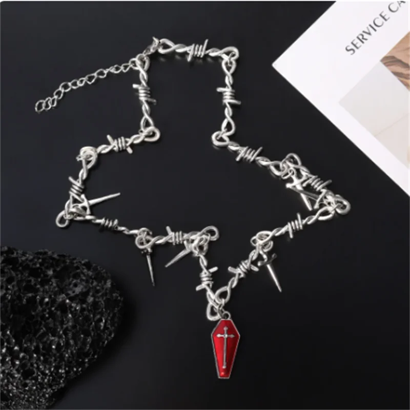 Gothic Vampire Cross Red Coffin Pendant Necklaces for Women Y2k Cool Girl Vintage Silver Color Sword Thorn Chain Party Jewelry