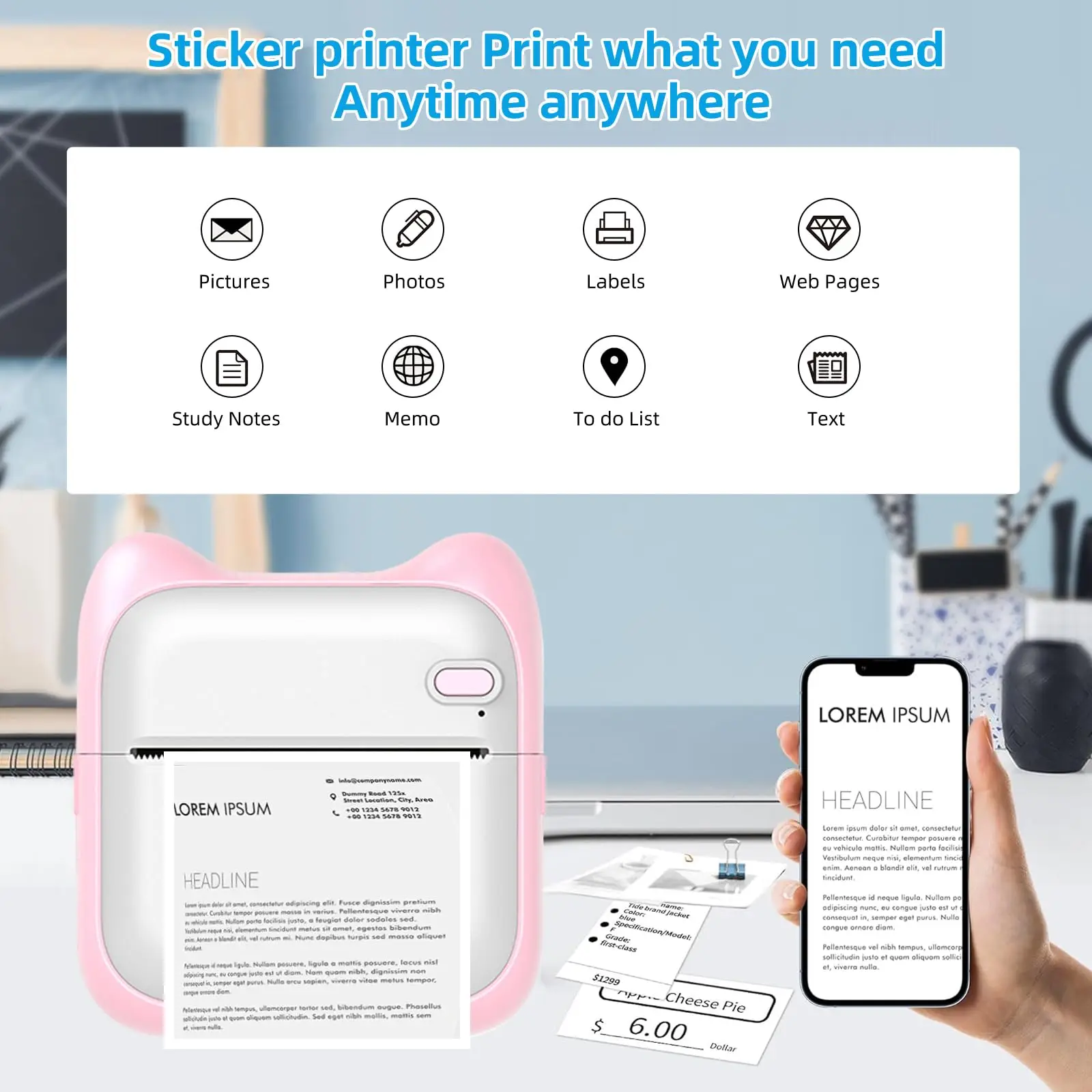 Mini Printer Sticker Maker, Portable Thermal Printer, Bluetooth Inkless Pocket Printing Machine with 10Roll Paper&6 Color Pens