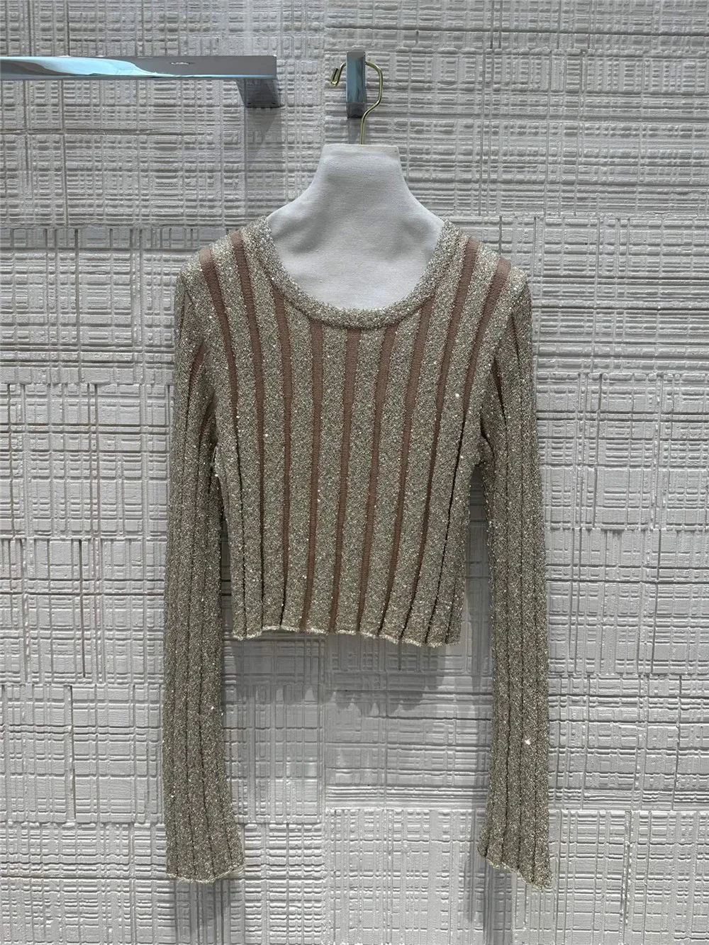 

Women's 25 Early autumn New Beaded Round Neck Long Sleeved Knitted Top+Elastic High Waisted A-line Skirt Two-piece Set