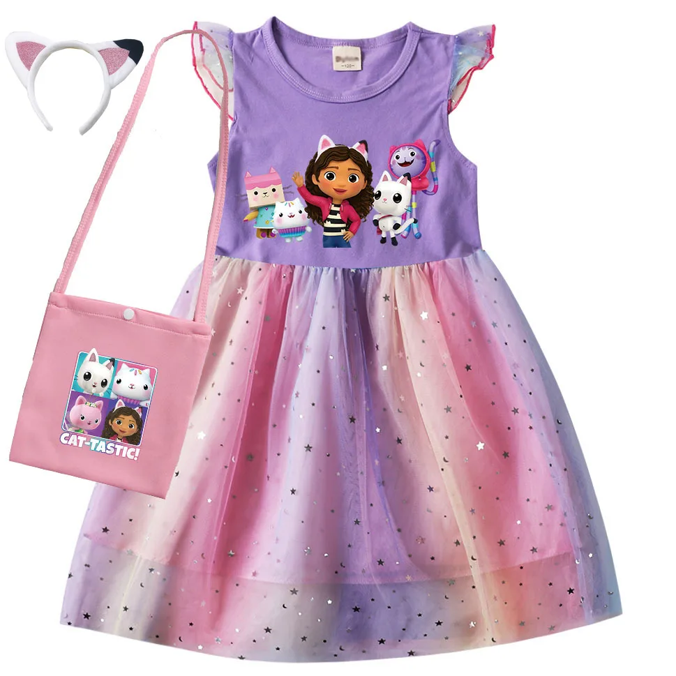 Gabbys Dollhouse Clothes Kids Dresses for Girls Princess Dress & Bag Childrne Cartoon Cute Cats-tastic Wedding Party Vestidos