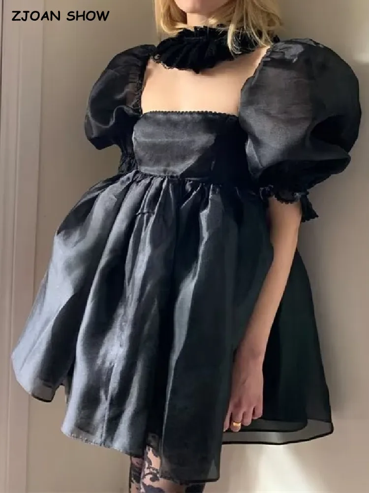 Sweet Princess Black Organza Ball Gown Dress Women Spliced Lace Square Collar Puff Sleeve Swing Mini Cake Fairy Robe Girl