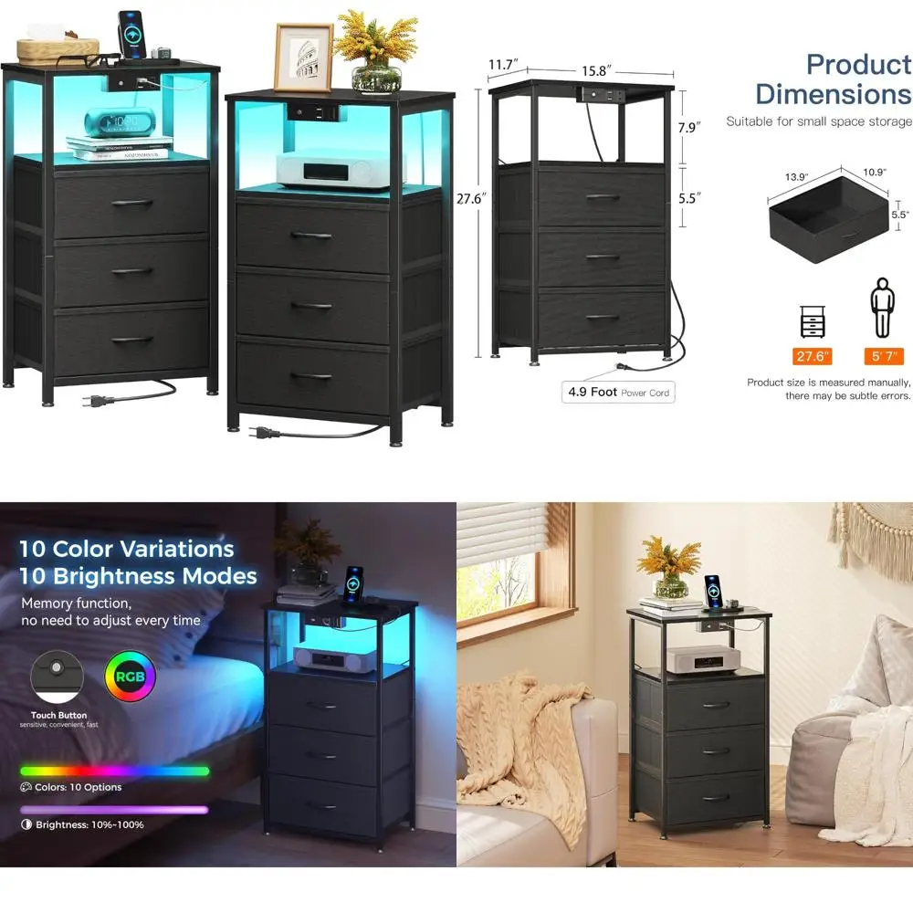 

dual-function charging nightstands with led, fabric-drawers, and open shelving