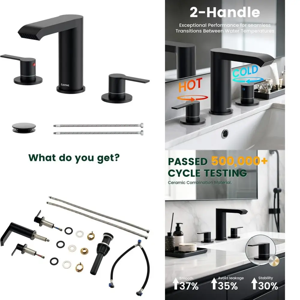 

Широко распространенный матовый черный смеситель для раковины с 3 отверстиями и 2 ручками, выдвижным сливом и линиями подачи