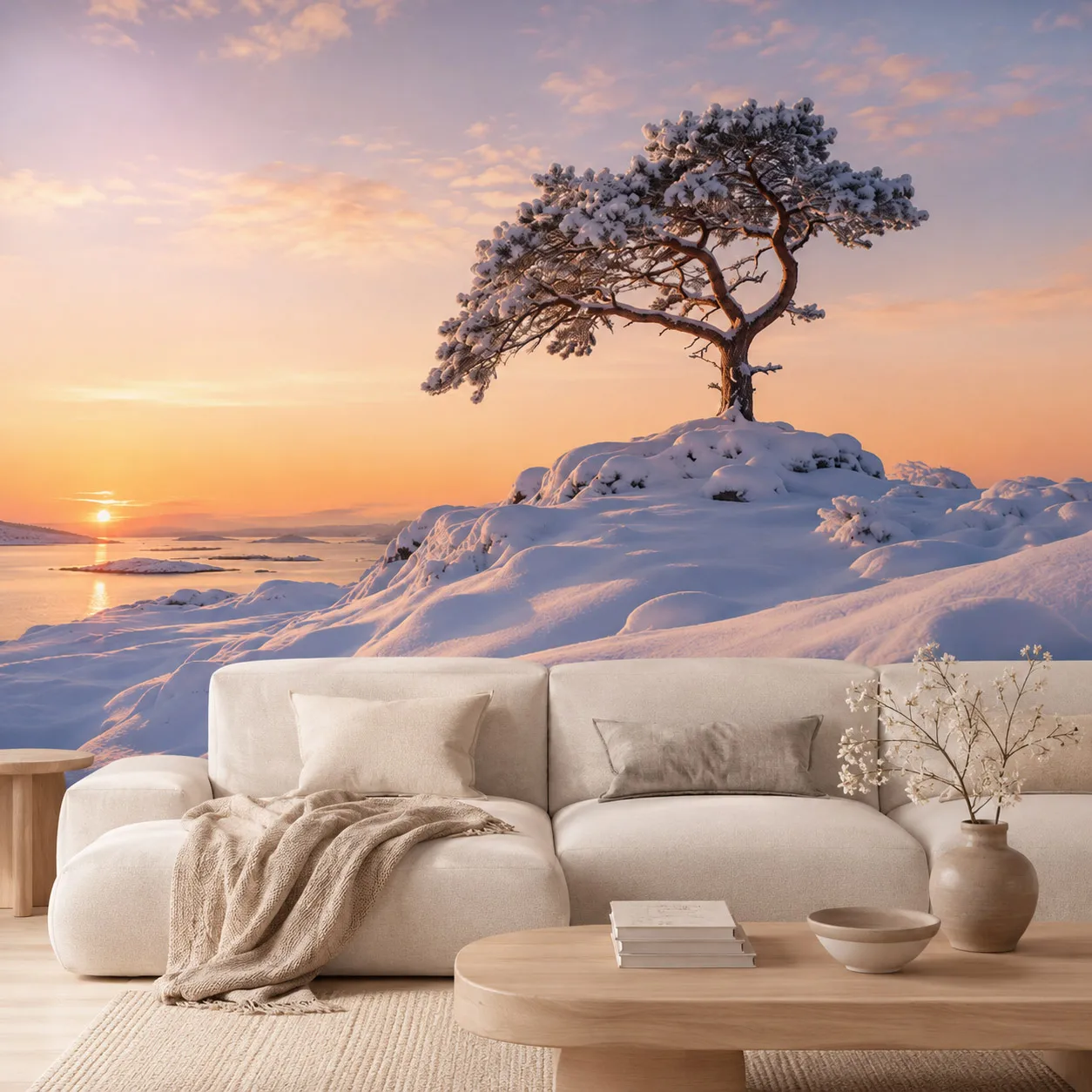 Snowy Lone Pine Sunset Wall Mural Wallpaper Winter Mountain Lake Landscape Living Room Bedroom Non Self Adhesive Paste Required