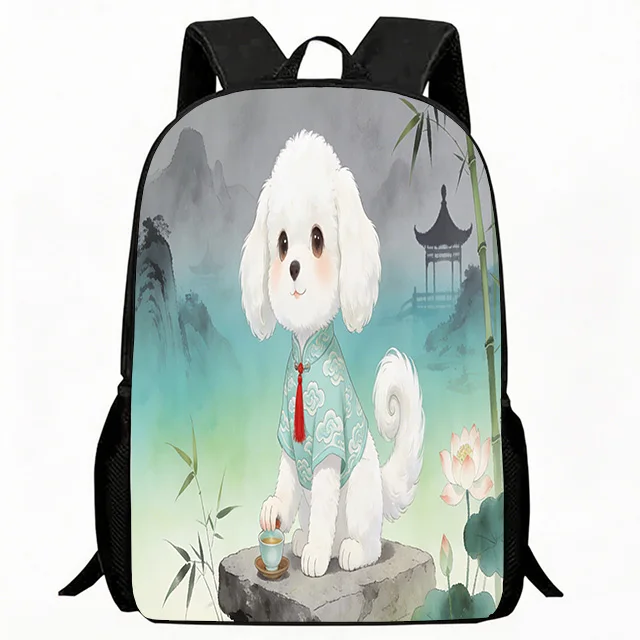 

Kids Bag Chinese Style Puppy with Tea and Lotus Print School Backpack Adjustable Breathable Children's Casual Daypack Lightweigh