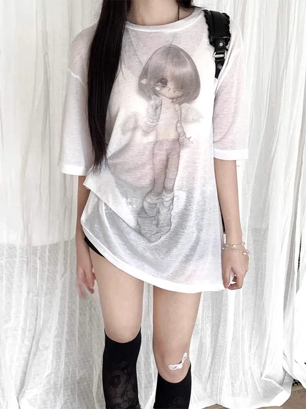 ホワイト軽量夏カジュアルルーズ半袖Tシャツ女性の新しいスタイルプリント日焼け防止カバーアップトップ 1